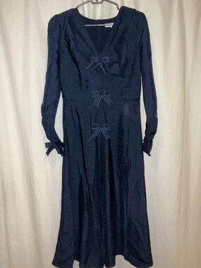 LK Bennett Navy Long Sleeve V-Neck Dress with Bow Details